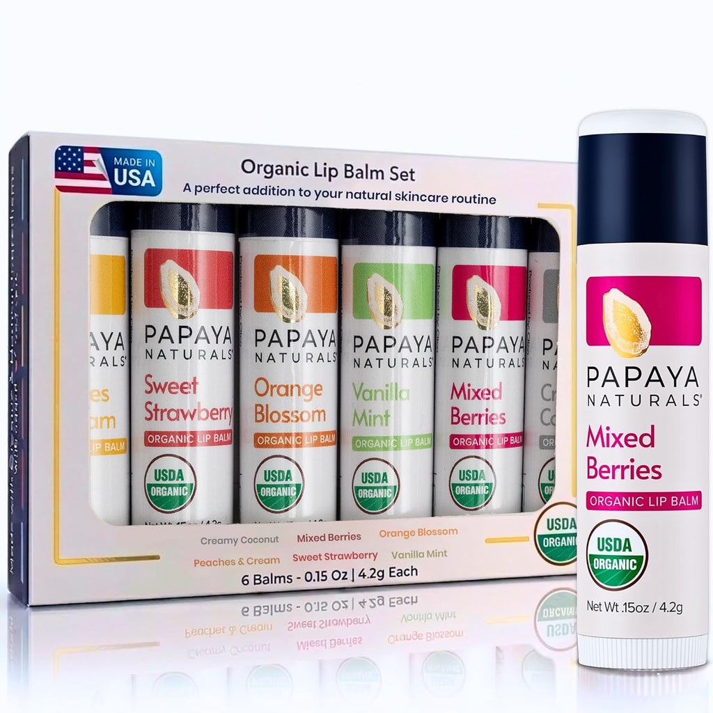 USDA Organic Lip Balm Set, 6 Pack – Organic Beeswax, Cocoa Butter & Vitamin E Lip Balm for Dry Lips – Moisturizing Natural Lip Care with Assorted Fruit Flavors