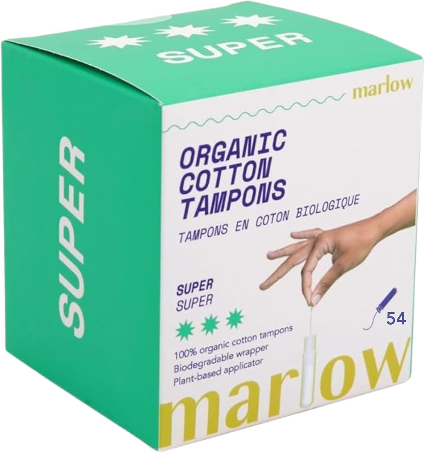 100% Organic Cotton Easy Glide Tampons with Compact Plant Based BPA Free Applicator, Chlorine Free, Toxin Free, Hypoallergenic, Dermatologically Tested, Fragrance Free, Super, 54 Count