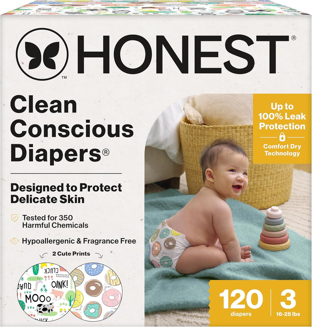 Comfort Dry Disposable Daytime Diapers for Sensitive Skin, Hypoallergenic, Barnyard Babies + Donut Grow Up, Super Club Box Size 3 (16–28 Lbs), 120 Count