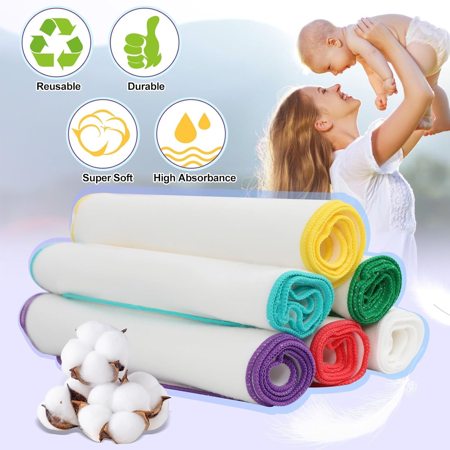 54 Packs Flannel Cloth Baby Wipes Reusable Baby Wipes with Green Upgraded Wipes Dispenser, Reusable & Durable Cloth Wipes, Body Face Hand Washcloth Essential for Baby Wipes