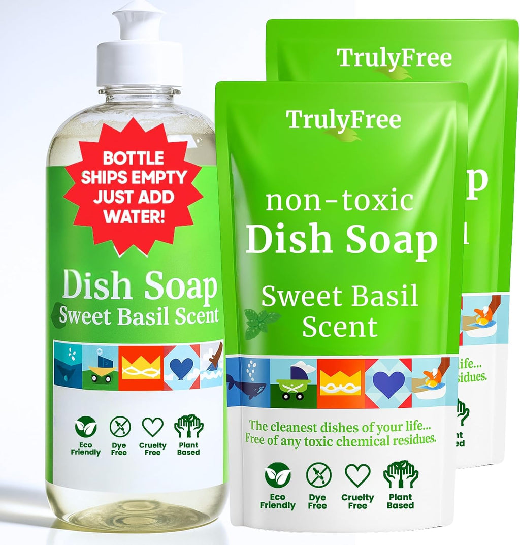 Non Toxic Dish Soap Kit | Natural Concentrated Dishwashing Liquid - Sweet Basil Scent | Organic Plant-Based | Family Safe - Eco-Friendly Formula | 16 Fl Oz