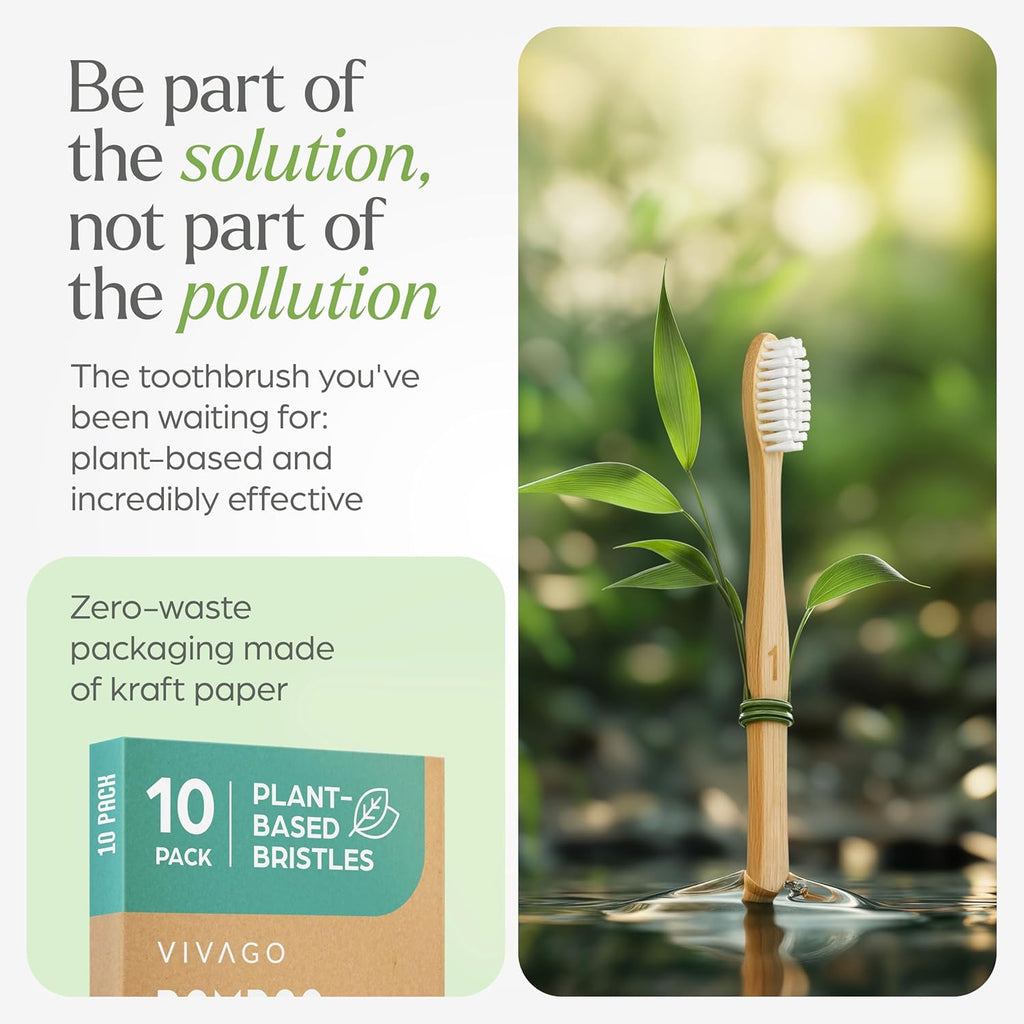 Bamboo Toothbrushes 10 Pack – Natural Toothbrushes, Plant-Based Soft Bristles – Eco-Friendly Wooden Toothbrush