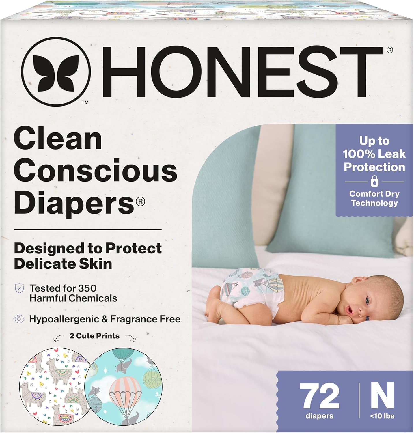 Comfort Dry Disposable Daytime Diapers for Sensitive Skin, Hypoallergenic, above It All + All the Alpacas, Club Box Size Newborn 72 Count