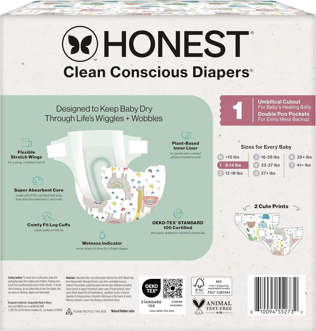 Comfort Dry Disposable Daytime Diapers for Sensitive Skin, Hypoallergenic, All the Alpacas + Turtle Time, Club Box Size 1 (8-14 Lbs) 78 Count