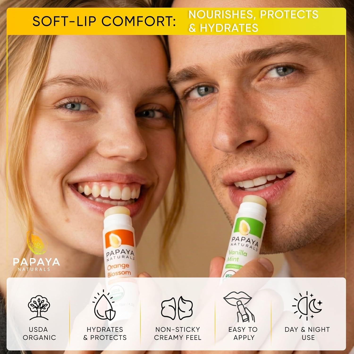 USDA Organic Lip Balm Set, 6 Pack – Organic Beeswax, Cocoa Butter & Vitamin E Lip Balm for Dry Lips – Moisturizing Natural Lip Care with Assorted Fruit Flavors