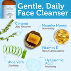 Manuka Honey Face Wash for Sensitive Skin - Sulfate Free Gentle Cleanser with Organic Aloe Vera, Hyaluronic Acid & More - Soothing & Moisturizing for Dry Skin - Made in USA (4 Oz)