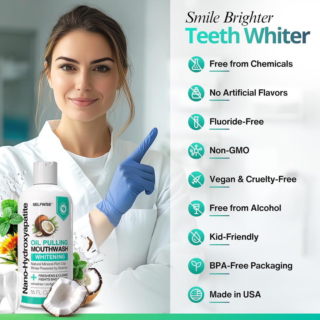 Nano-Hydroxyapatite Oil Pulling Whitening Mouthwash for Teeth and Gums, Natural & Organic, Whitens Teeth, Strengthens Enamel, Fights Bad Breath & Plaque – Smooth & Non-Greasy – for Adults - 16Oz