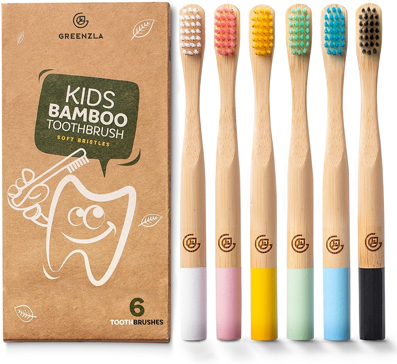 Kids Bamboo Toothbrushes, Natural Toothbrush Set, Soft Bristles, Durable Charcoal Wooden Brushes, Compostable Design for Toddlers and Children, 6 Pack