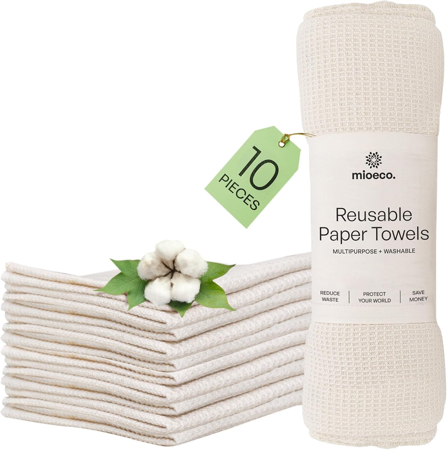 10 Pack Reusable Kitchen Paper Towels Washable - Super Absorbent Natural Unpaper Towels - Natural Cotton - Reusable, Paperless Kitchen Dish Cloths - 100% Organic