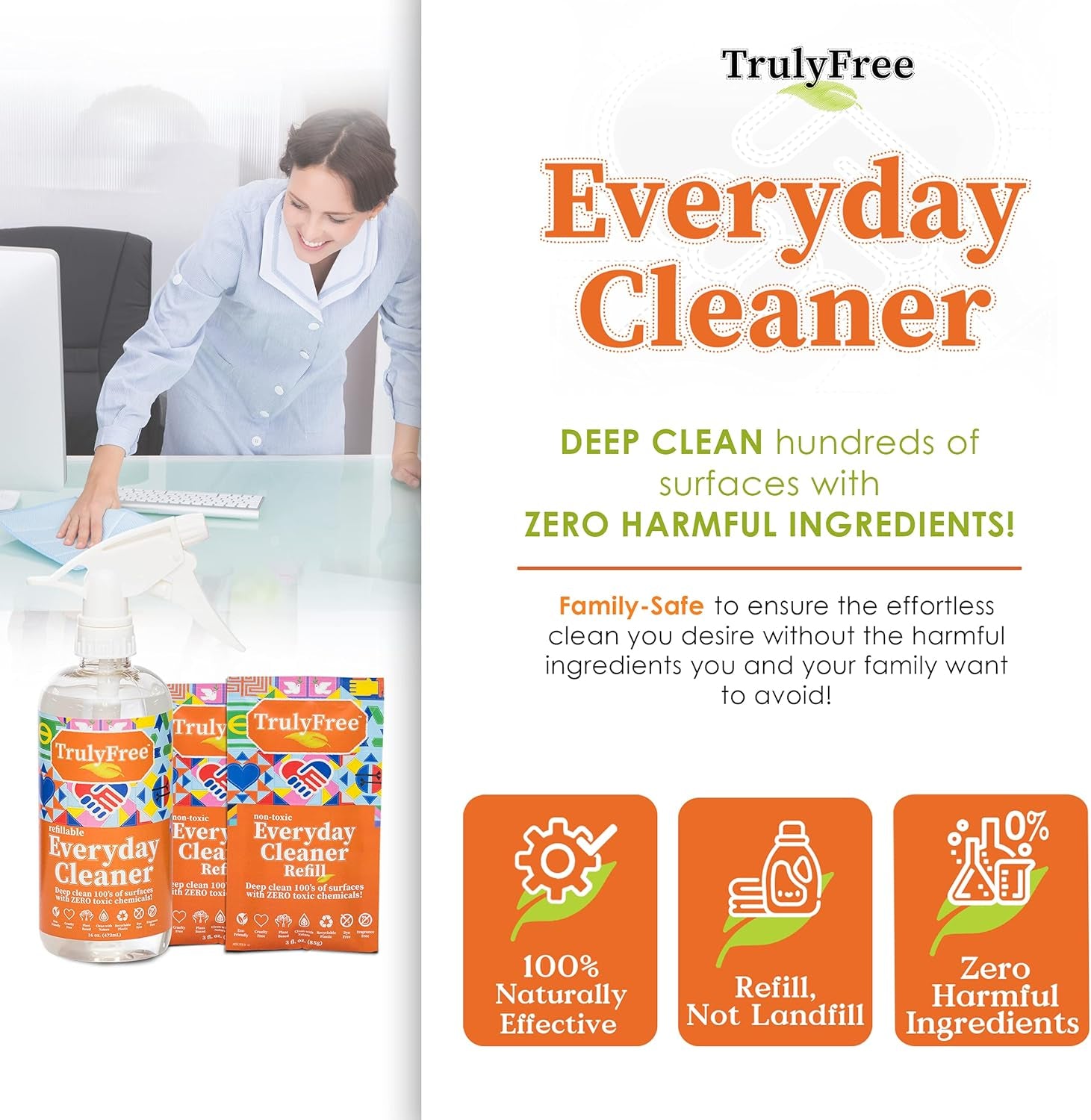 Everyday Cleaner Kit - Multipurpose Cleaner Spray, Kitchen Counter Cleaner, Natural Cleaning Products, Multi-Surface Household Solution, 16 Oz Reusable Empty Bottle + Two Fills, 3 Oz Ea.