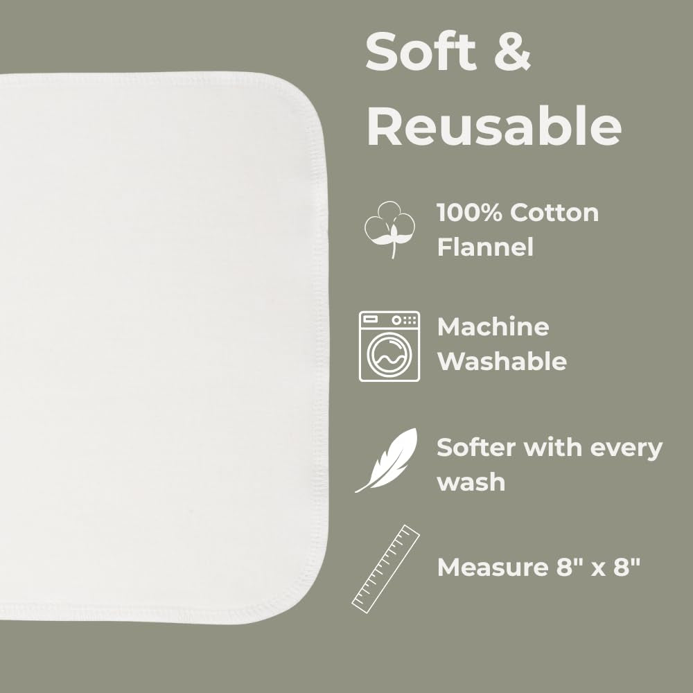 Reusable Baby Wipes, 100% Cotton Washcloths, Soft and Absorbent Towels for Newborn Bath and Face, Includes 20 Wipes with 1 Waterproof Pod for On-The-Go Moms, Ideal for Sensitive Skin