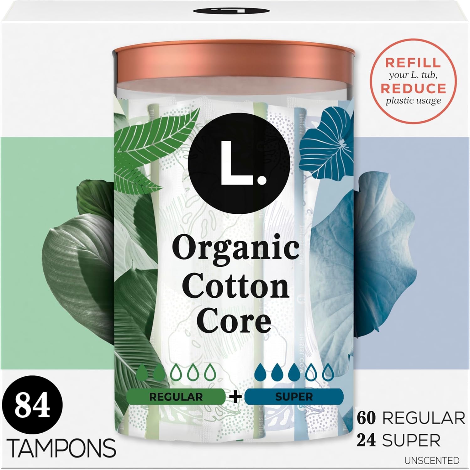 Cotton Tampons Regular/Super Absorbency Multipack, Contains an Organic Cotton Core, Made without Synthetic Pesticides, or Fragrances, 84 Count (2 Packs of 42)