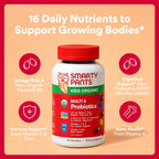 Organic Kids Multivitamin Gummies: Probiotics, Omega 3 (ALA), Vitamin D3, C, Vitamin B12, B6, A, K & Zinc for Immune Support, Biotin, Three Fruit Flavors, 120 Count (30 Day Supply)