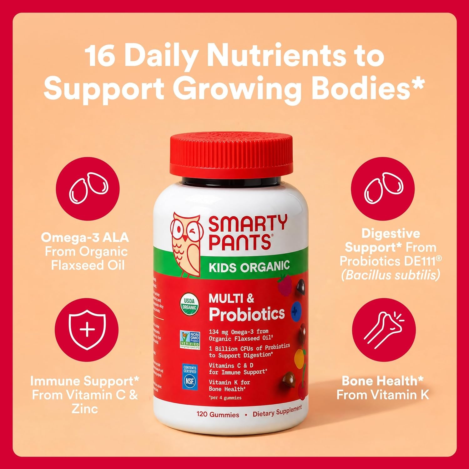 Organic Kids Multivitamin Gummies: Probiotics, Omega 3 (ALA), Vitamin D3, C, Vitamin B12, B6, A, K & Zinc for Immune Support, Biotin, Three Fruit Flavors, 120 Count (30 Day Supply)