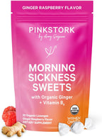 Morning Sickness Sweets, Organic Raspberry Ginger Candy with Vitamin B6, Support for Motion Sickness, Prenatal Heartburn - Pregnancy Must Haves - 30 Wrapped Drops