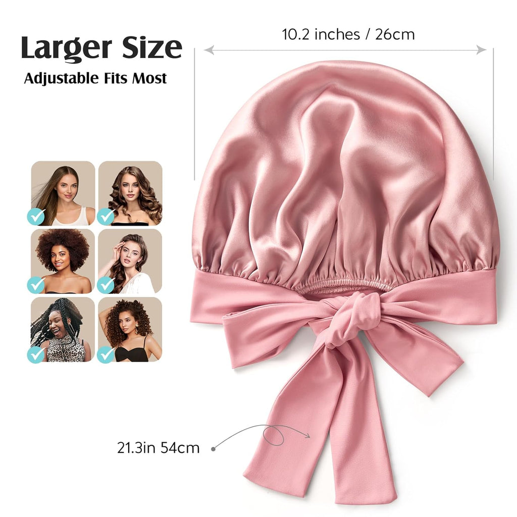 100% 22 Momme Mulberry Silk Bonnet for Sleeping Women, Larger Double Layer Silk Hair Wrap for Curly Short Long Hair, Non-Slip Sleep Cap Turban with Elastic Tie Band for Hair Care, Pink