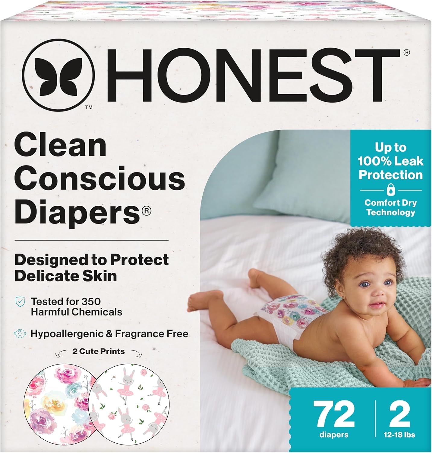Comfort Dry Disposable Daytime Diapers, Hypoallergenic, Fragrance-Free, Sensitive Skin, Rose Blossom + Tutu Cute, Club Box Size 2 (12–18 Lbs), 72 Count
