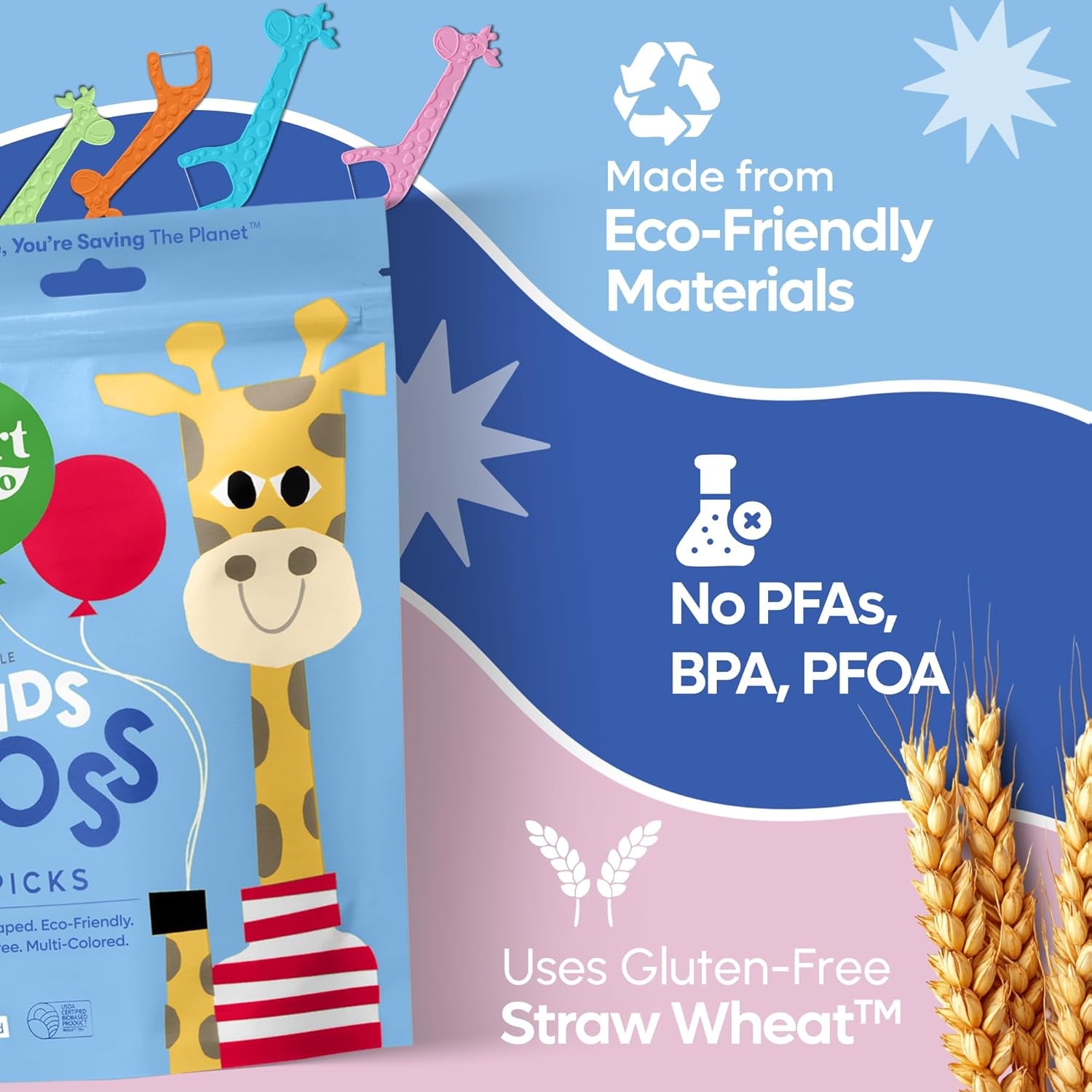 Eco-Friendly Kids Flossers (100Ct) - the Original Straw Wheat Dental Floss Picks for Children, Fluoride & PFA Free, Toothpick Flossing Sticks for Toddler Teeth, No Shred Thread, Unflavored