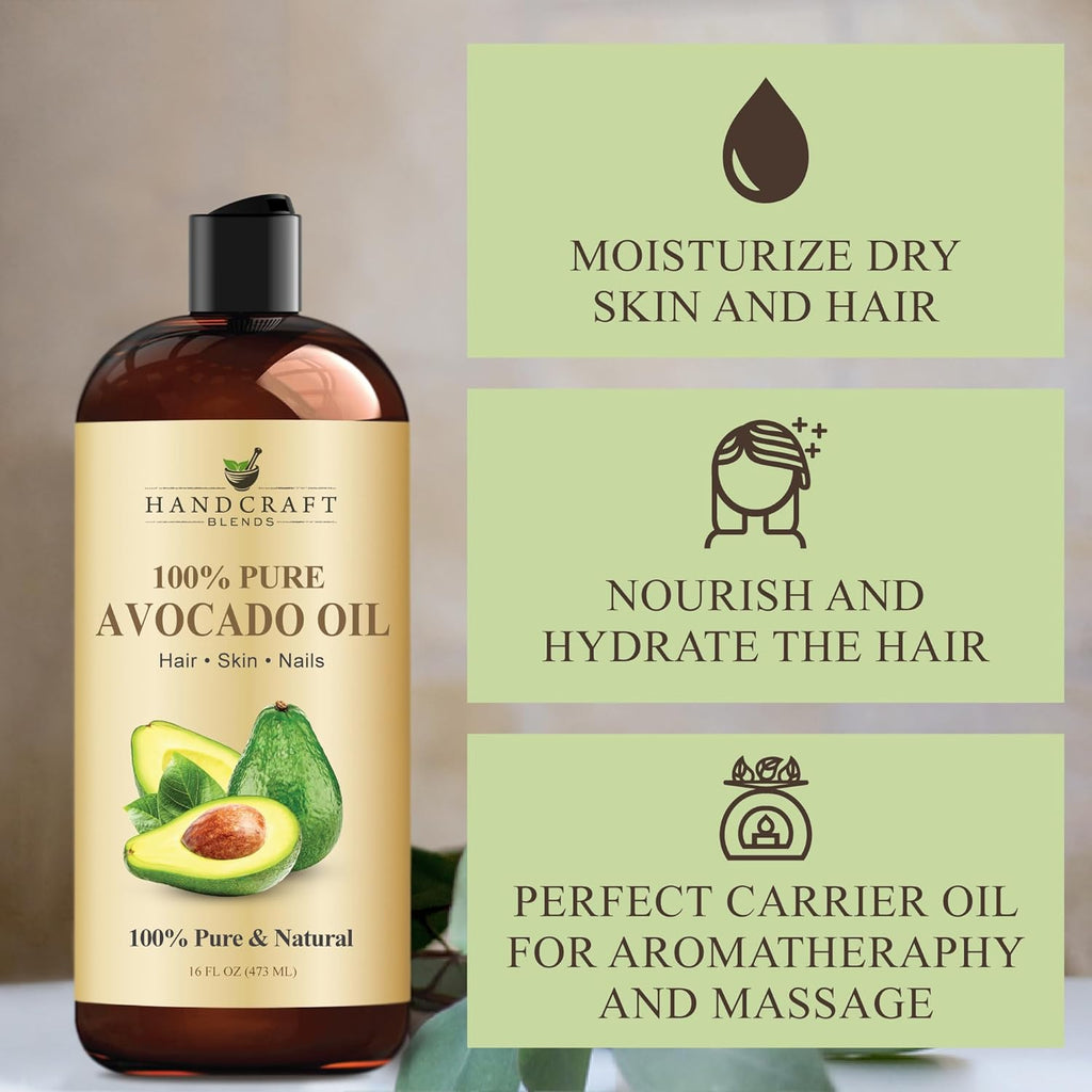 Avocado Oil - Cold-Pressed 16 Fl Oz - 100% Pure and Natural - Premium Grade Carrier Oil for Skin and Hair - Hair and Body - Massage - Hexane-Free