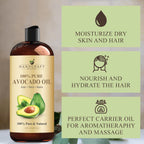 Avocado Oil - Cold-Pressed 16 Fl Oz - 100% Pure and Natural - Premium Grade Carrier Oil for Skin and Hair - Hair and Body - Massage - Hexane-Free