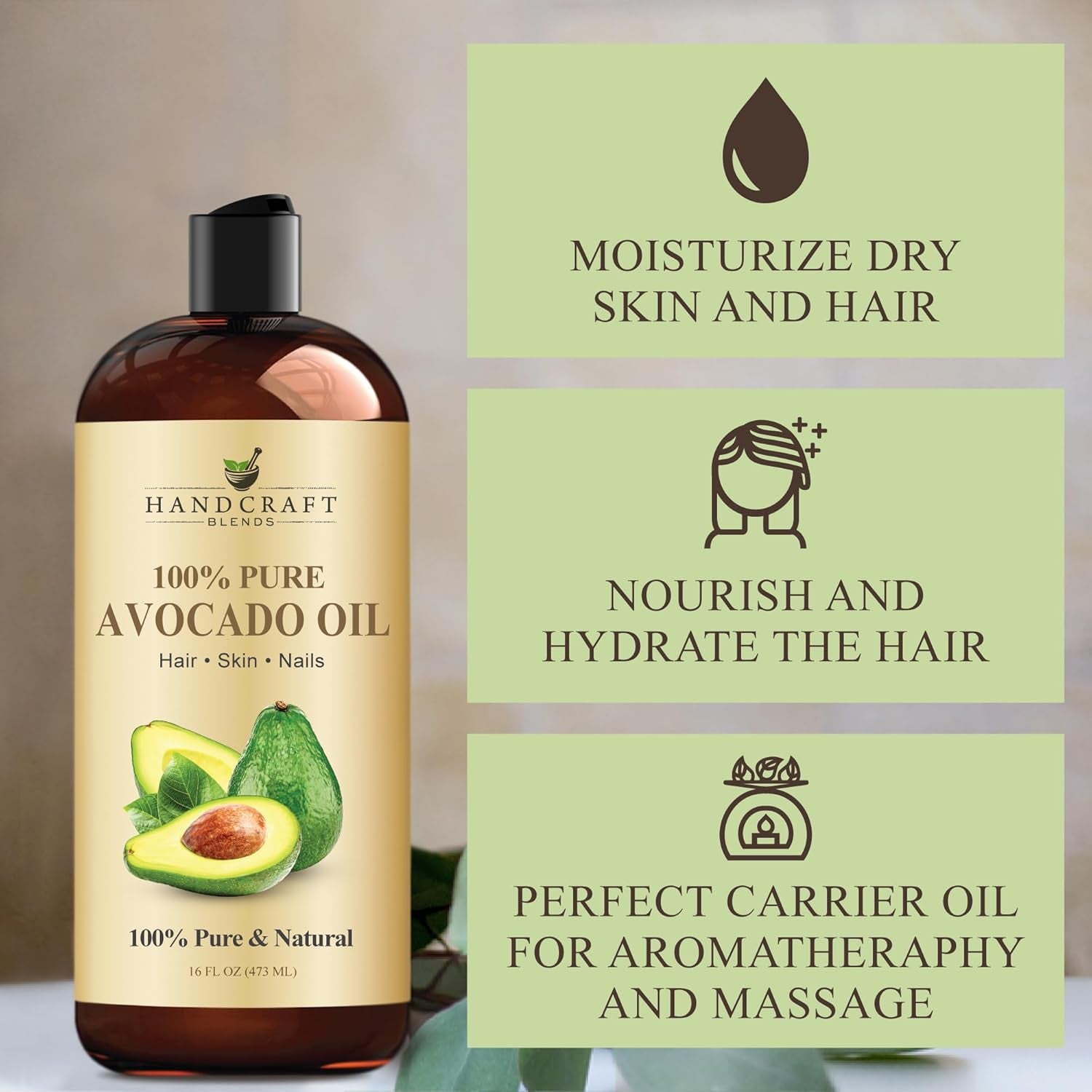 Avocado Oil - Cold-Pressed 16 Fl Oz - 100% Pure and Natural - Premium Grade Carrier Oil for Skin and Hair - Hair and Body - Massage - Hexane-Free