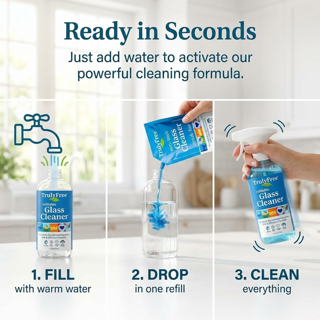 Natural Glass Cleaner Kit - Removes Dirt & Debris for Sparkling Clean Windows & Glass Surfaces at Home, Office & Garage, Includes 16 Oz Reusable Empty Bottle + Two Fills, 3 Oz Ea.