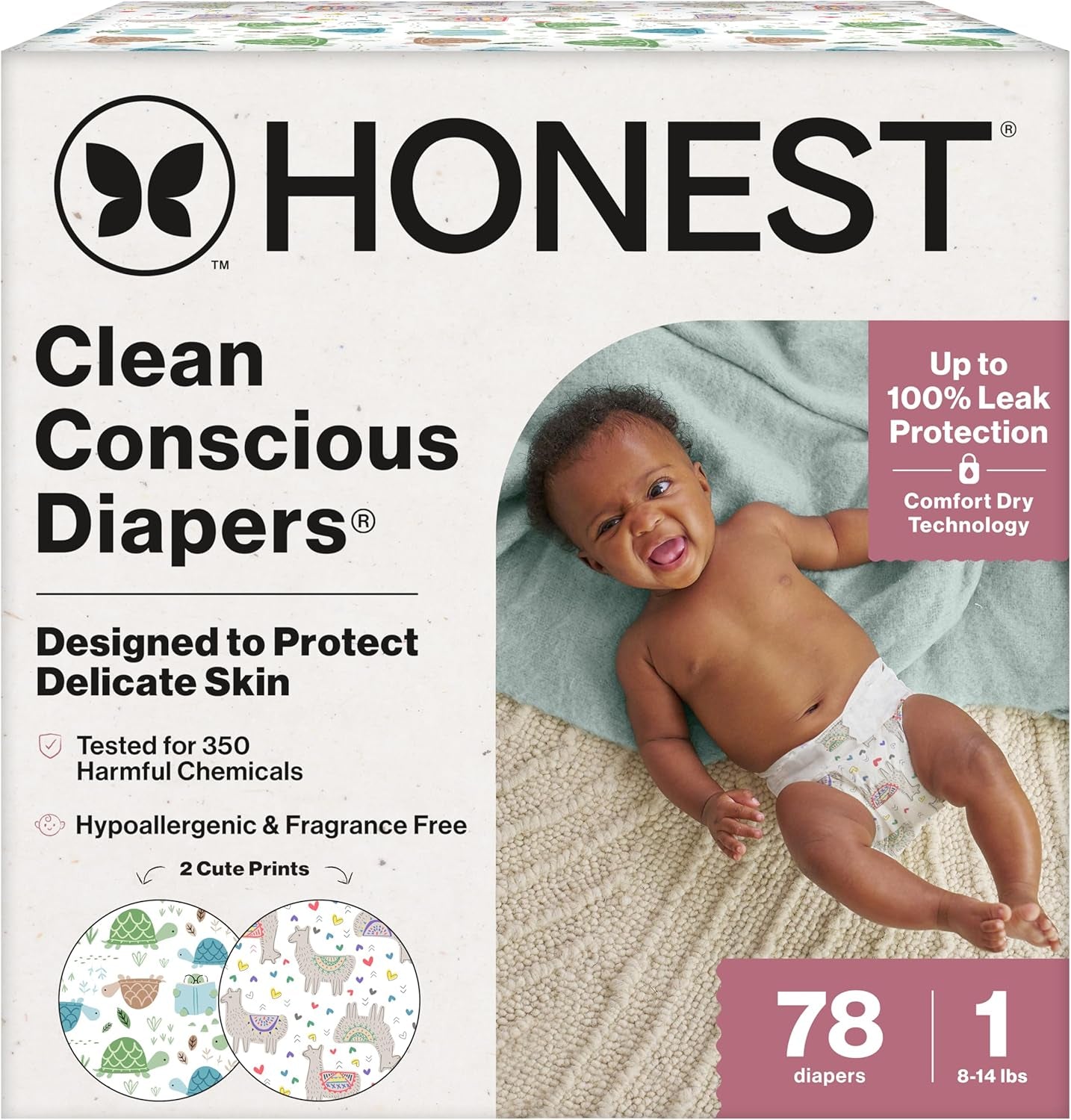 Comfort Dry Disposable Daytime Diapers for Sensitive Skin, Hypoallergenic, All the Alpacas + Turtle Time, Club Box Size 1 (8-14 Lbs) 78 Count