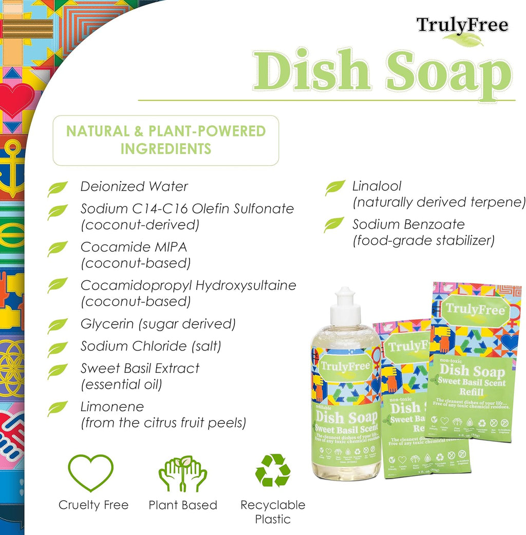 Non Toxic Dish Soap Kit | Natural Concentrated Dishwashing Liquid - Sweet Basil Scent | Organic Plant-Based | Family Safe - Eco-Friendly Formula | 16 Fl Oz