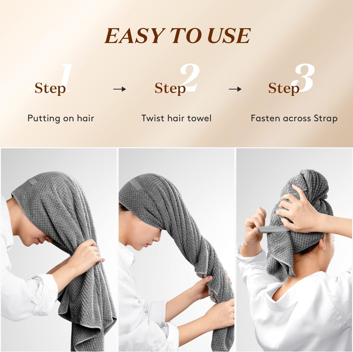 Large Hair Towel Wrap for Women, Super Absorbent Microfiber Hair Towel for Curly Hair, Fast Drying Hair Turbans with Elastic,Hair Drying Towel Wrap for Hair Care 26.3" X 40" (Dark Gray)