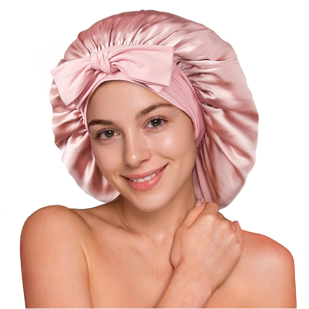 100% 22 Momme Mulberry Silk Bonnet for Sleeping Women, Larger Double Layer Silk Hair Wrap for Curly Short Long Hair, Non-Slip Sleep Cap Turban with Elastic Tie Band for Hair Care, Pink