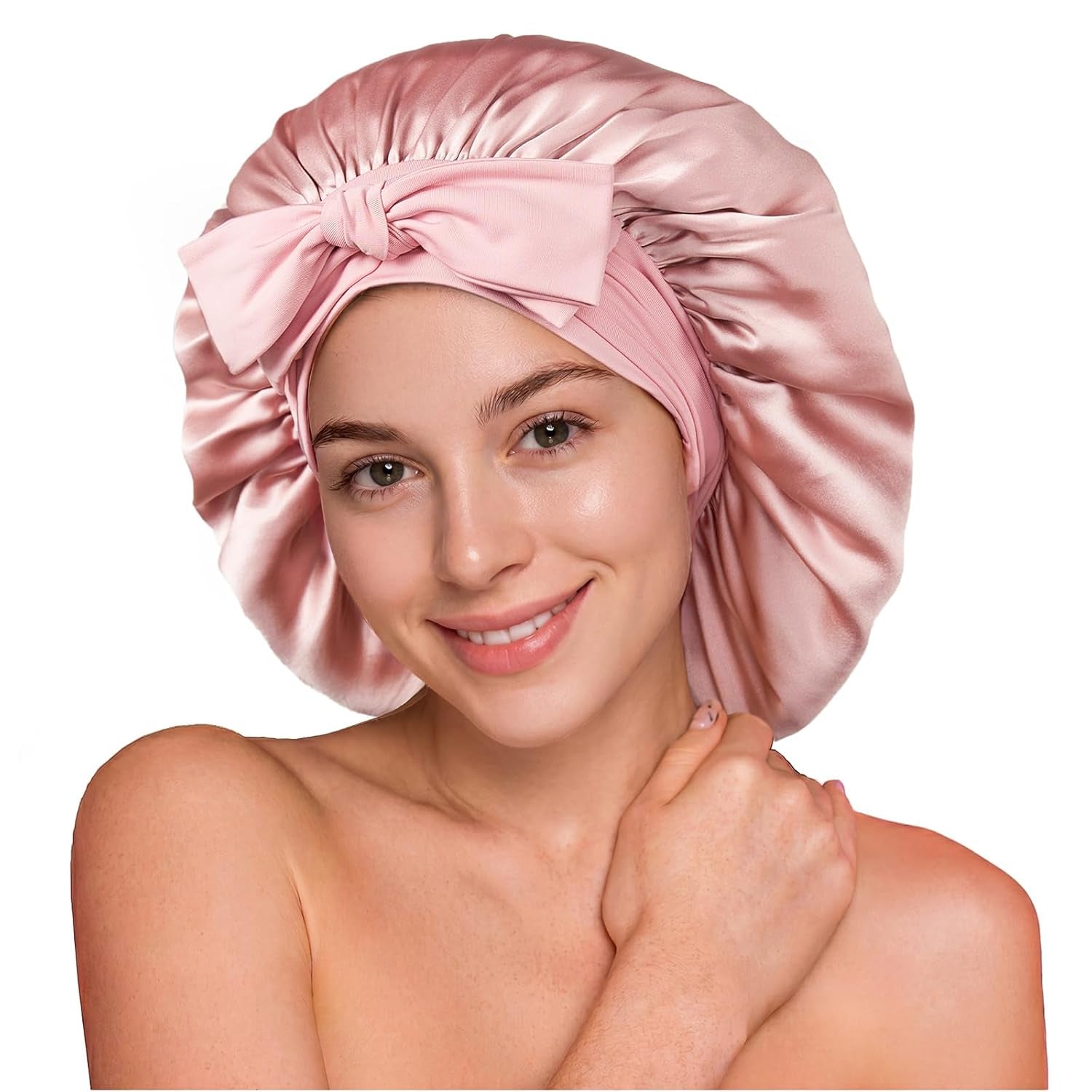 100% 22 Momme Mulberry Silk Bonnet for Sleeping Women, Larger Double Layer Silk Hair Wrap for Curly Short Long Hair, Non-Slip Sleep Cap Turban with Elastic Tie Band for Hair Care, Pink
