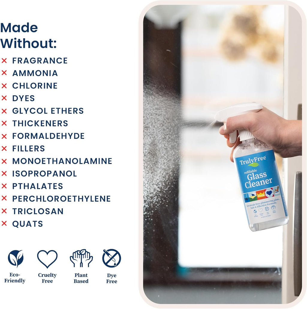 Natural Glass Cleaner Kit - Removes Dirt & Debris for Sparkling Clean Windows & Glass Surfaces at Home, Office & Garage, Includes 16 Oz Reusable Empty Bottle + Two Fills, 3 Oz Ea.