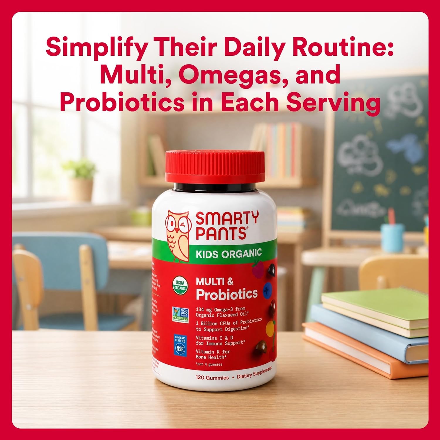 Organic Kids Multivitamin Gummies: Probiotics, Omega 3 (ALA), Vitamin D3, C, Vitamin B12, B6, A, K & Zinc for Immune Support, Biotin, Three Fruit Flavors, 120 Count (30 Day Supply)