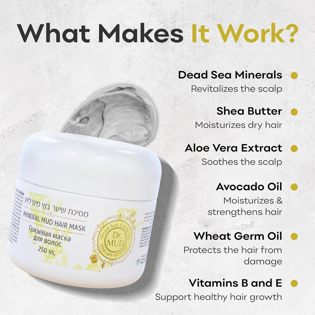 Dr. Mud Mineral Hair Mask – Deep Conditioning Treatment with Dead Sea Minerals & Natural Oils | Nourishes Dry, Frizzy & Treated Hair | Scalp Hydration & Strength | Softens, Smooths & Restores Shine