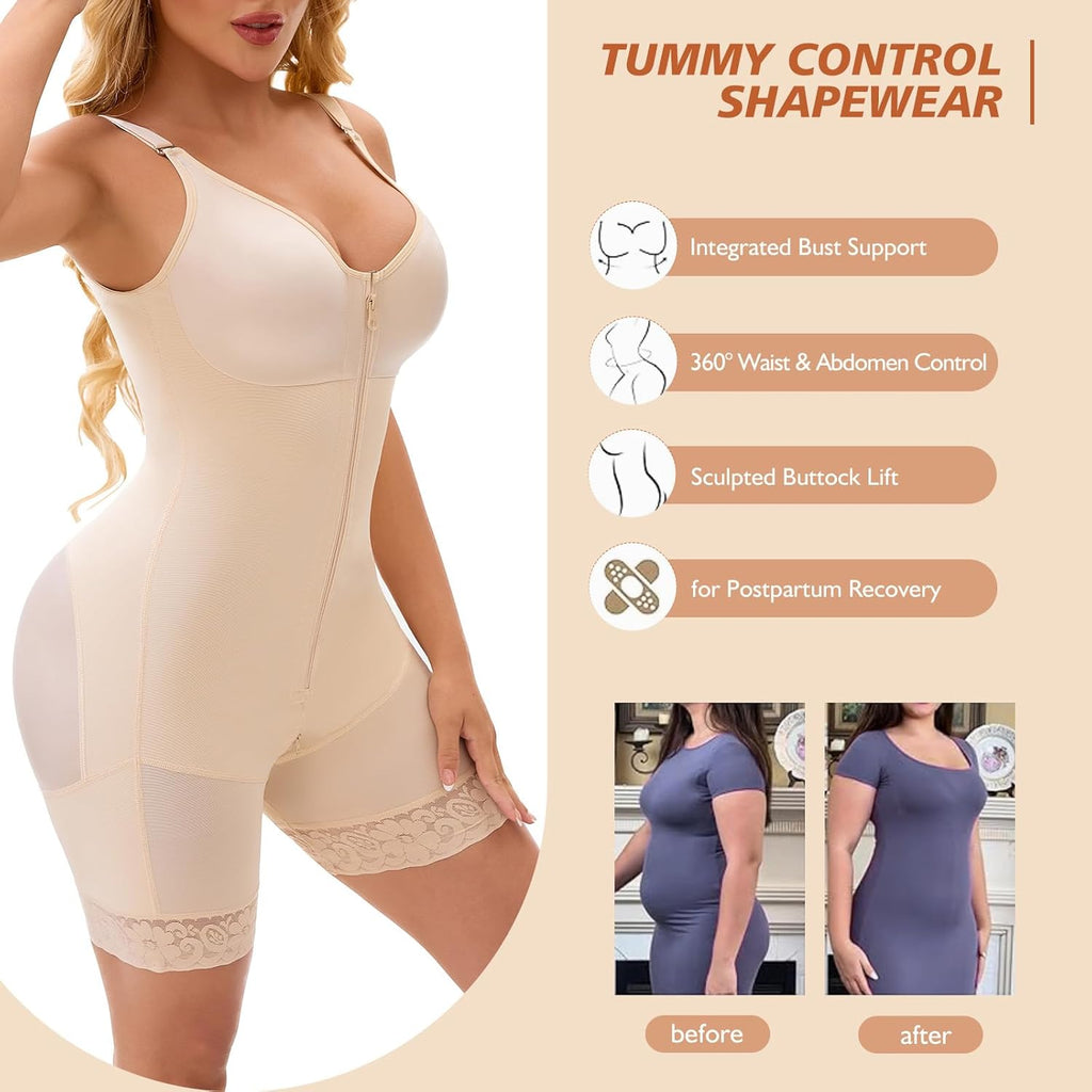 Fajas Colombianas Postpartum Full Shapewear for Women Tummy Control Body Shaper Butt Lifter with Zipper Crotch