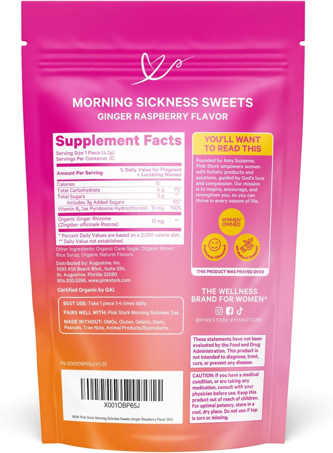Morning Sickness Sweets, Organic Raspberry Ginger Candy with Vitamin B6, Support for Motion Sickness, Prenatal Heartburn - Pregnancy Must Haves - 30 Wrapped Drops