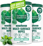 Seventh Generation Multi-Surface Wipes, 70 Count, Pack of 3, Garden Mint, Plant-Based Cleaning Wipes, No Harsh Fumes or Residue, Safe around Kids