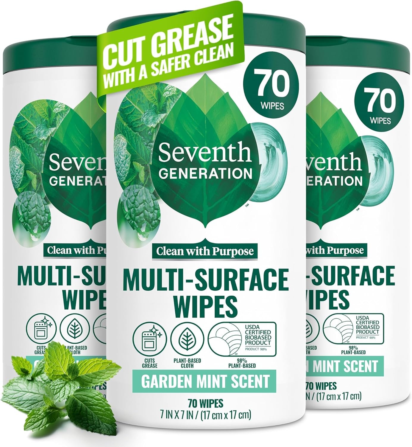 Seventh Generation Multi-Surface Wipes, 70 Count, Pack of 3, Garden Mint, Plant-Based Cleaning Wipes, No Harsh Fumes or Residue, Safe around Kids