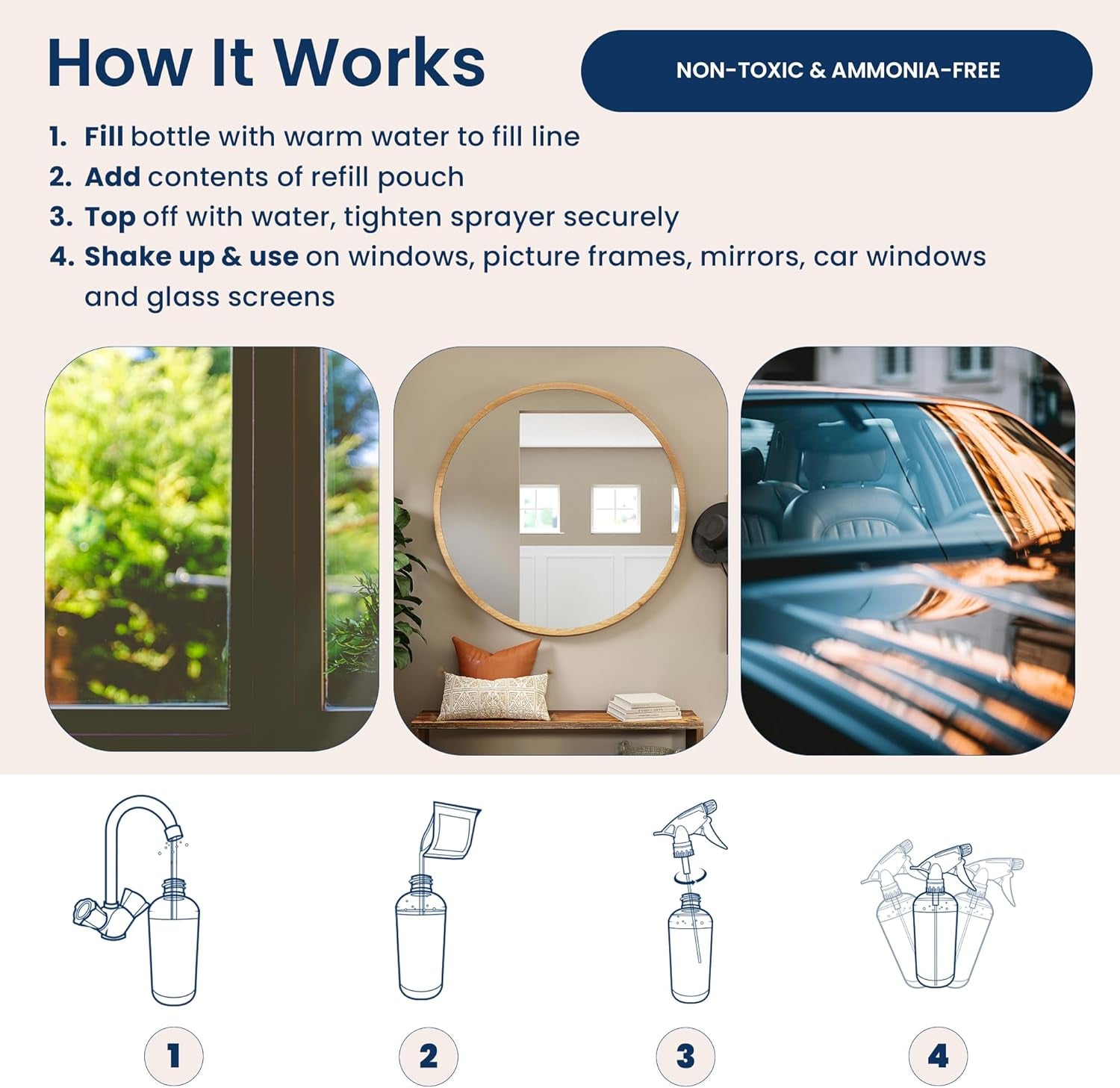 Natural Glass Cleaner Kit - Removes Dirt & Debris for Sparkling Clean Windows & Glass Surfaces at Home, Office & Garage, Includes 16 Oz Reusable Empty Bottle + Two Fills, 3 Oz Ea.