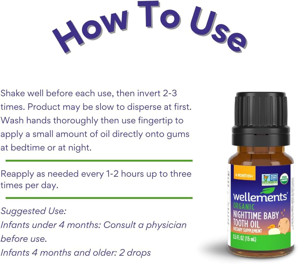 Organic Nighttime Baby Tooth Oil for 4 Months+ (0.5 Fl Oz) - Baby Teething Relief Oil* for Soothing & Massage for Tiny Gums* - Organic Blend of Essential Oils & Sleepy Time Herbs*