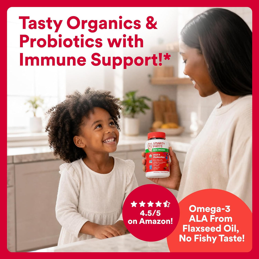 Organic Kids Multivitamin Gummies: Probiotics, Omega 3 (ALA), Vitamin D3, C, Vitamin B12, B6, A, K & Zinc for Immune Support, Biotin, Three Fruit Flavors, 120 Count (30 Day Supply)