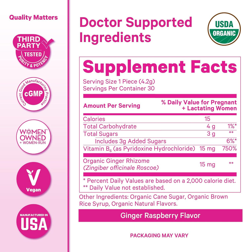 Morning Sickness Sweets, Organic Raspberry Ginger Candy with Vitamin B6, Support for Motion Sickness, Prenatal Heartburn - Pregnancy Must Haves - 30 Wrapped Drops