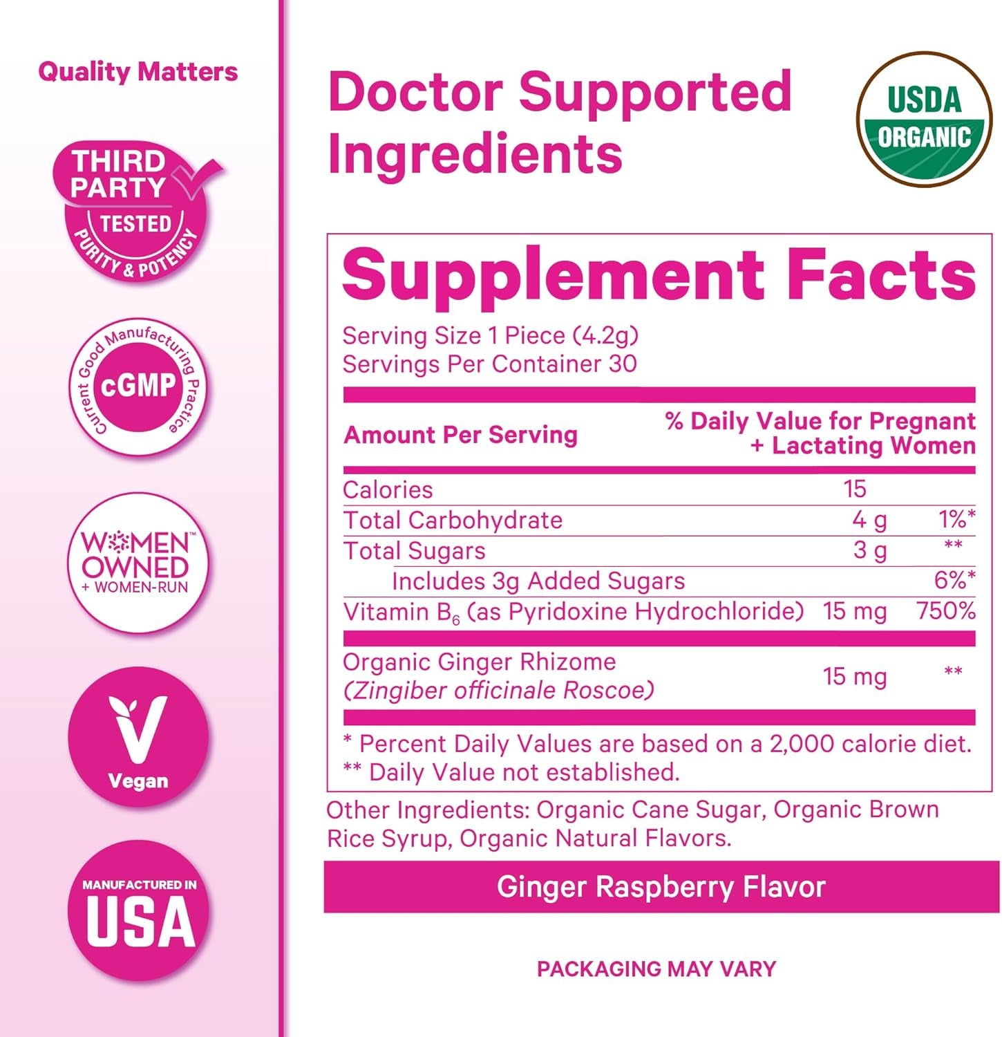Morning Sickness Sweets, Organic Raspberry Ginger Candy with Vitamin B6, Support for Motion Sickness, Prenatal Heartburn - Pregnancy Must Haves - 30 Wrapped Drops