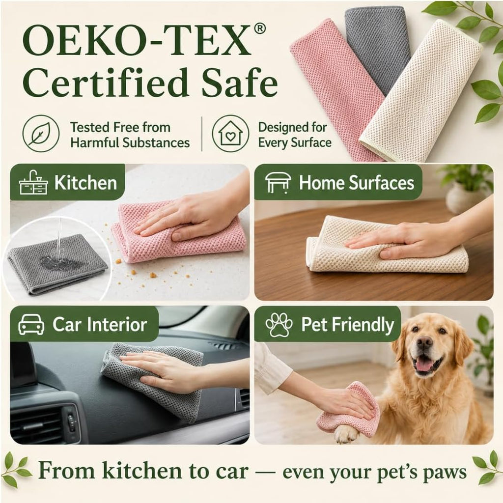 Oeko-Tex Certified Microfiber Cleaning Cloths – Non-Toxic, Safe for Family & Pets – 6 Pack Kitchen Rags for Counter – 12X12 In, Lint-Free, Absorbent Dish Towels, Dusting Cloths