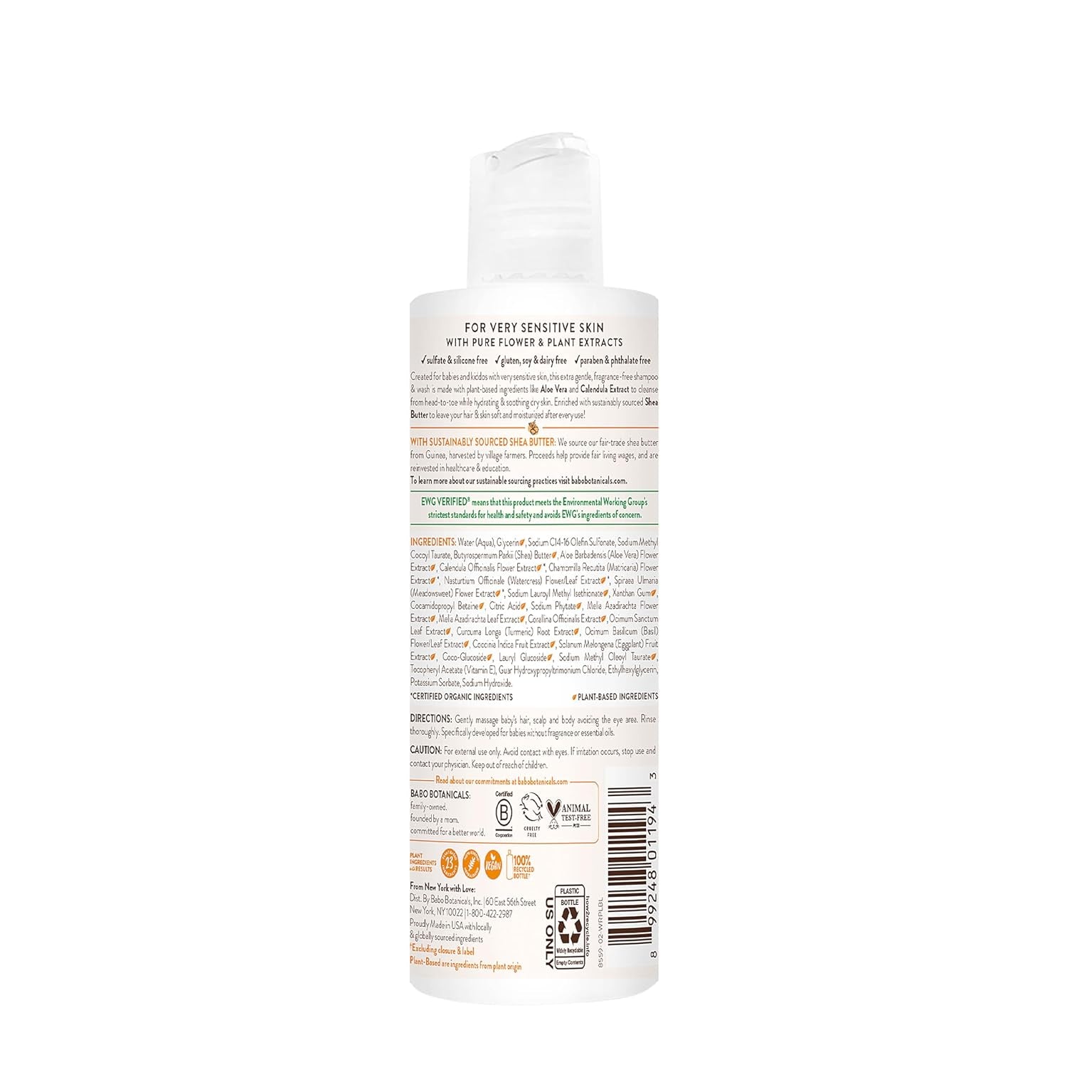 Sensitive Baby Fragrance-Free 2-In-1 Shampoo & Wash - Shea Butter, Calendula & Aloe Vera - EWG Verified - Cruelty-Free - Vegan - Pediatrician Tested - for Babies & Kids