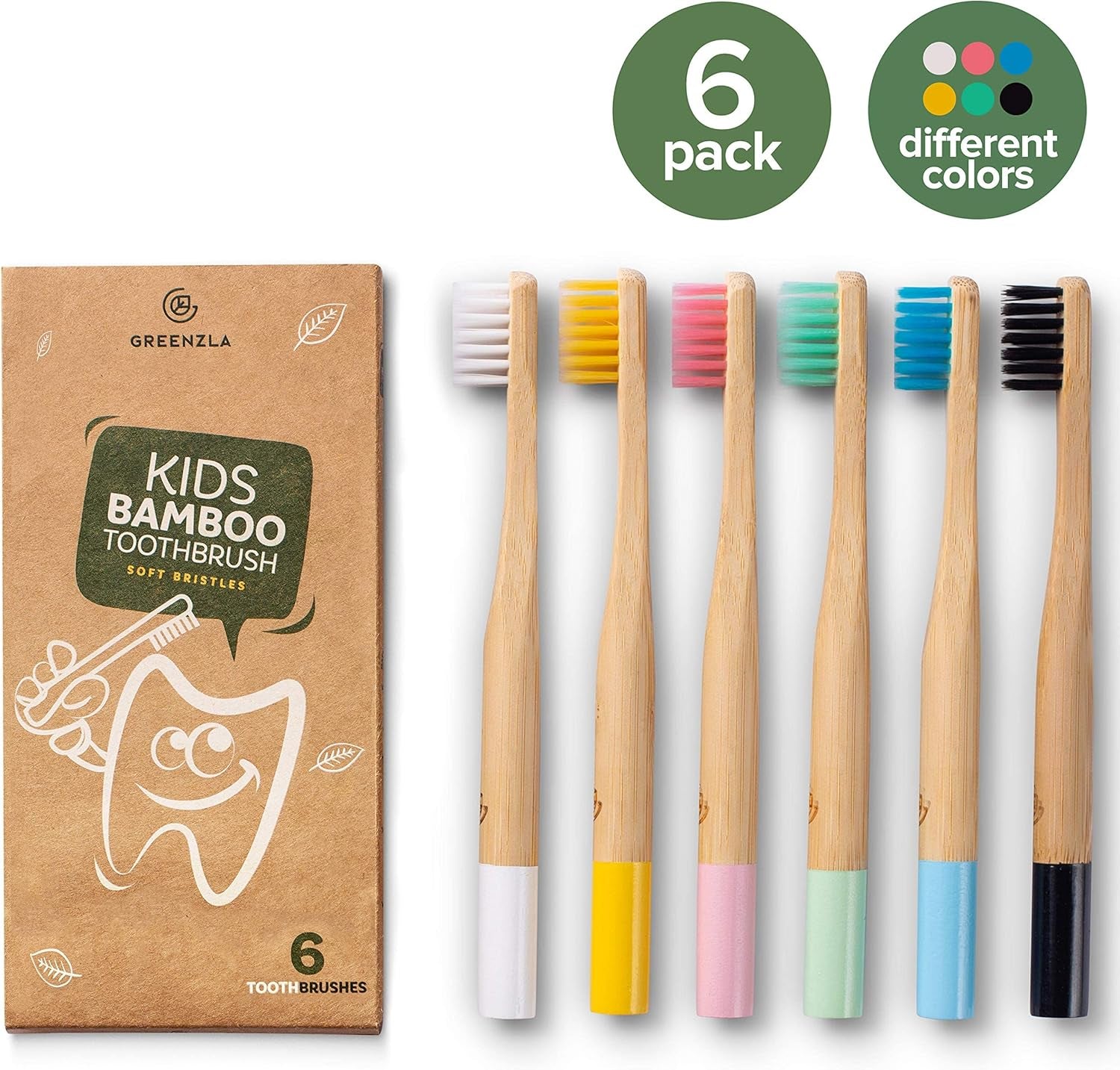 Kids Bamboo Toothbrushes, Natural Toothbrush Set, Soft Bristles, Durable Charcoal Wooden Brushes, Compostable Design for Toddlers and Children, 6 Pack