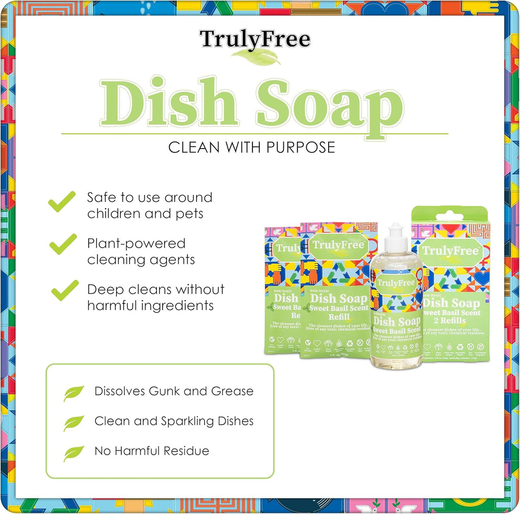 Non Toxic Dish Soap Kit | Natural Concentrated Dishwashing Liquid - Sweet Basil Scent | Organic Plant-Based | Family Safe - Eco-Friendly Formula | 16 Fl Oz