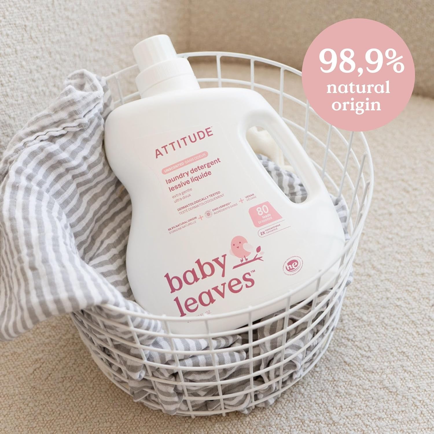 Baby Laundry Detergent Liquid, EWG Verified, Safe for Baby Clothes, Infant and Newborn, Vegan and Naturally Derived Washing Soap, HE Compatible, Unscented, 80 Loads, 67.6 Fl Oz