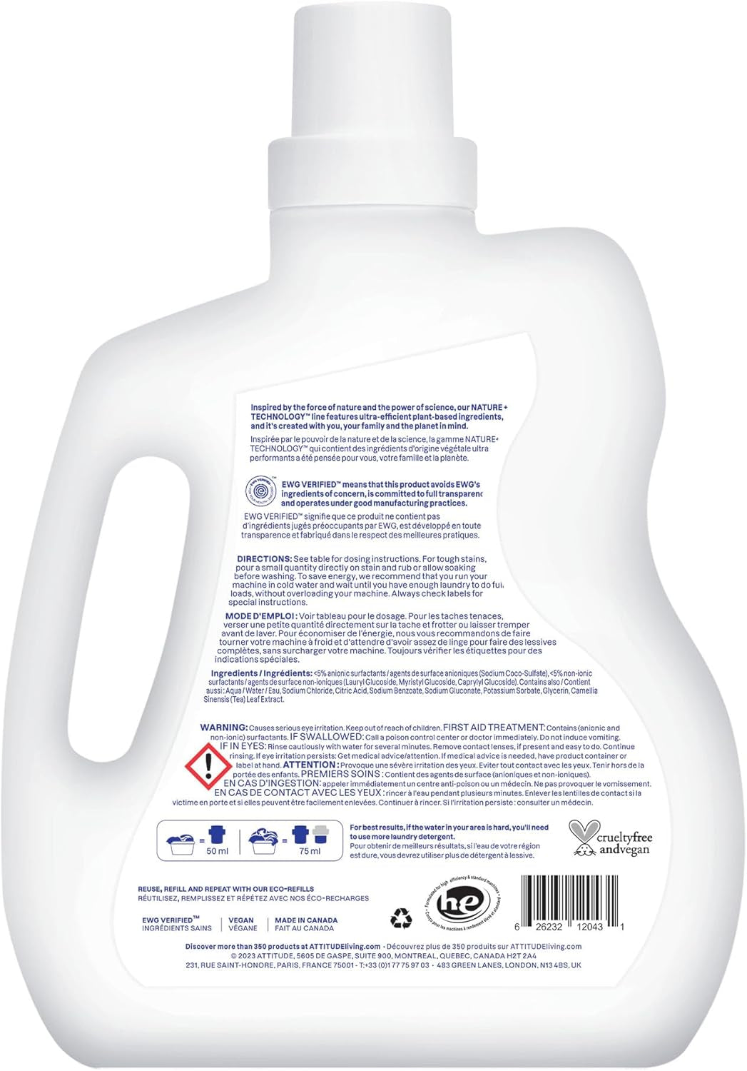 ATTITUDE Liquid Laundry Detergent, EWG Verified, HE Compatible, Plant-Based & Vegan, Natural Laundry Soap, Unscented, 40 Loads, 67.6 Fl Oz