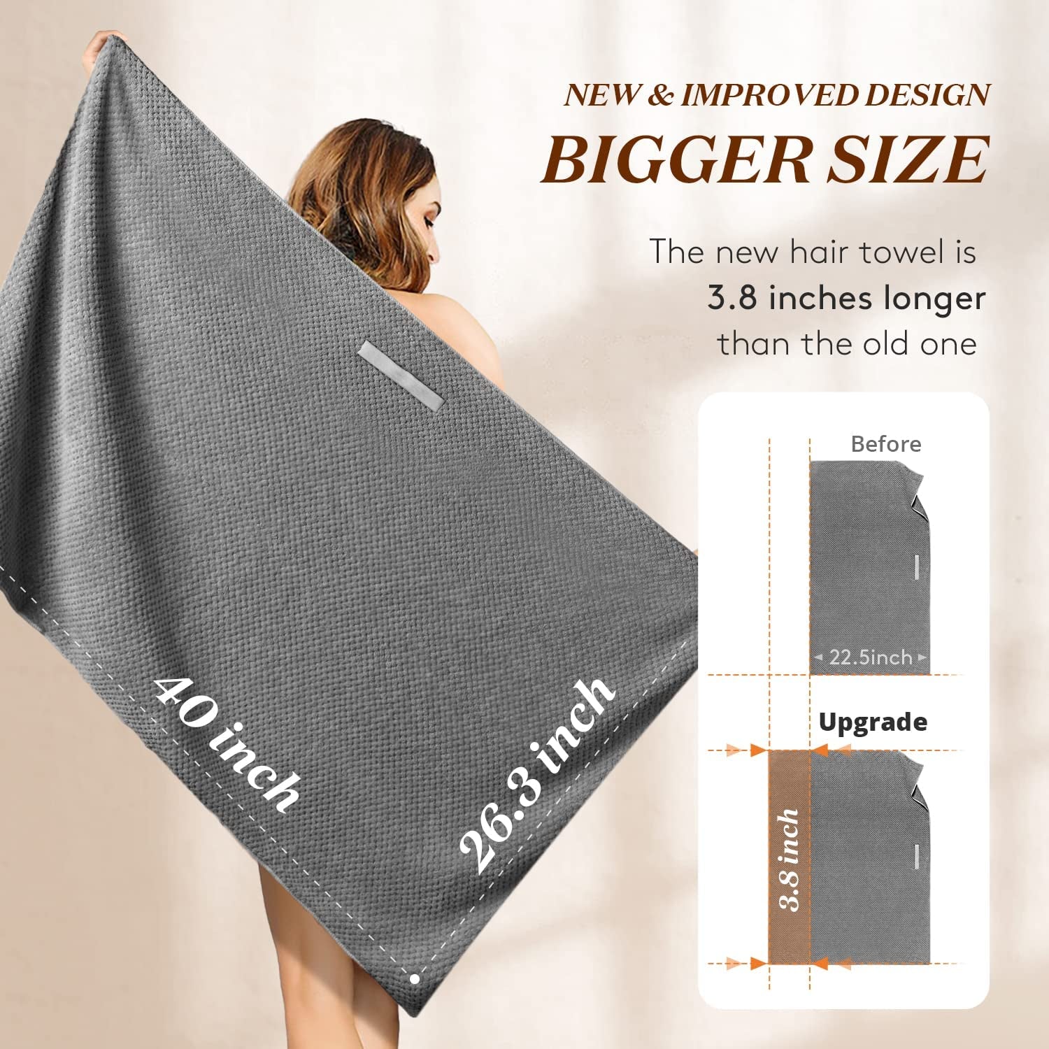 Large Hair Towel Wrap for Women, Super Absorbent Microfiber Hair Towel for Curly Hair, Fast Drying Hair Turbans with Elastic,Hair Drying Towel Wrap for Hair Care 26.3" X 40" (Dark Gray)